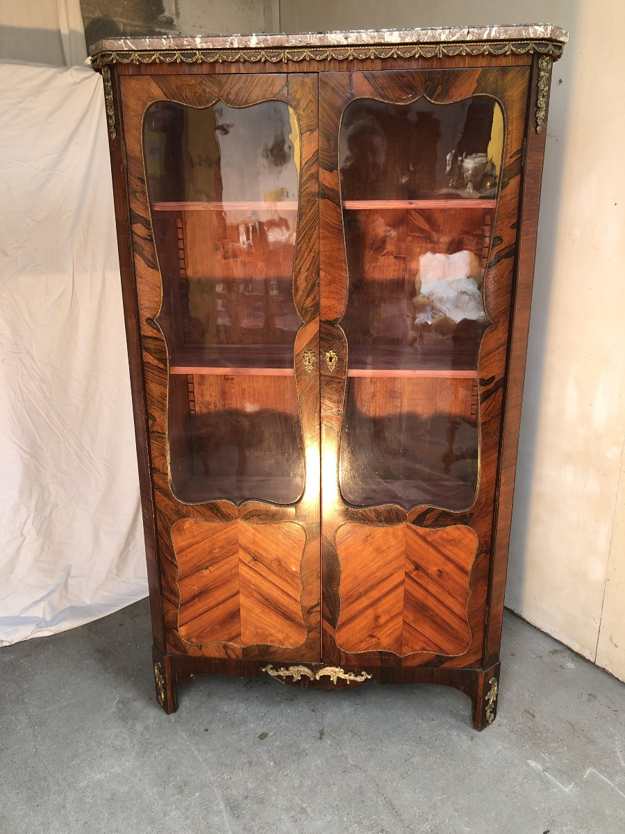 Louis XV Style Bookcase / Display Cabinet In Marquetry And Gilt Bronze