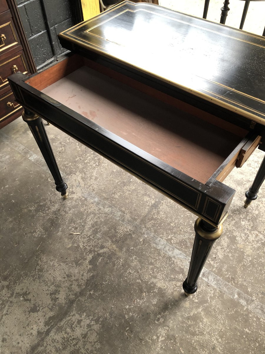 TABLE A JEUX EN BOIS NOIRCI  MARQUETERIE ET LAITON  XIX EME SIECLE NAPOLEON  III-photo-6