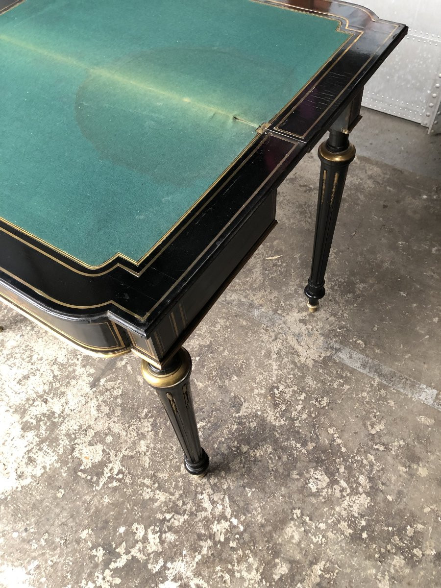 TABLE A JEUX EN BOIS NOIRCI  MARQUETERIE ET LAITON  XIX EME SIECLE NAPOLEON  III-photo-8