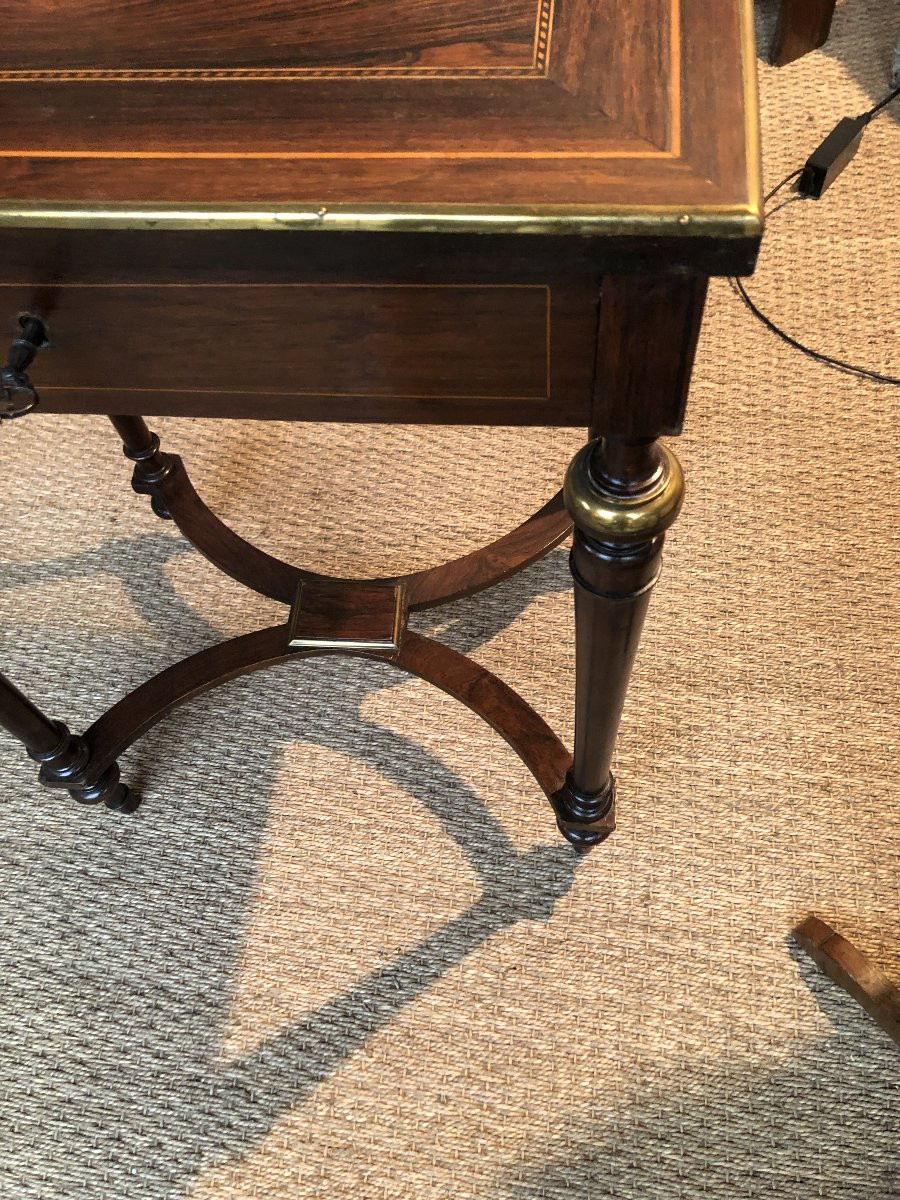 Table Travaillé En Bois, Marqueterie Et Filets De Laiton 19 Eme Siecle Napoleon III-photo-4