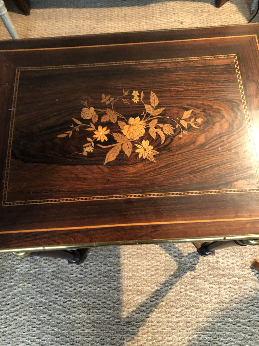 Table Travaillé En Bois, Marqueterie Et Filets De Laiton 19 Eme Siecle Napoleon III-photo-2