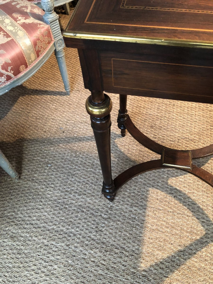 Table Travaillé En Bois, Marqueterie Et Filets De Laiton 19 Eme Siecle Napoleon III-photo-7