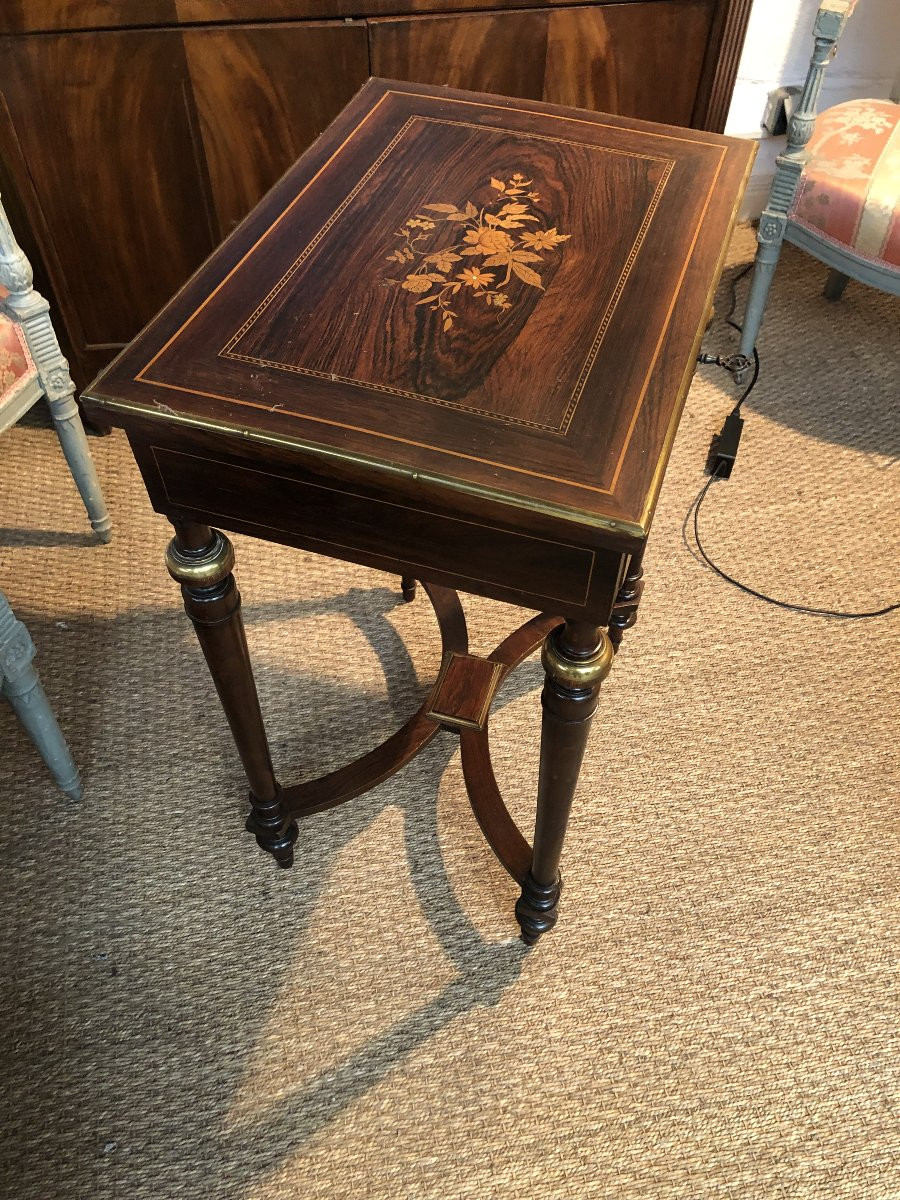 Table Travaillé En Bois, Marqueterie Et Filets De Laiton 19 Eme Siecle Napoleon III-photo-8