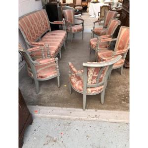 Grey Lacquered Living Room Directoire Period 18th Century 6 Armchairs And 1 Sofa 