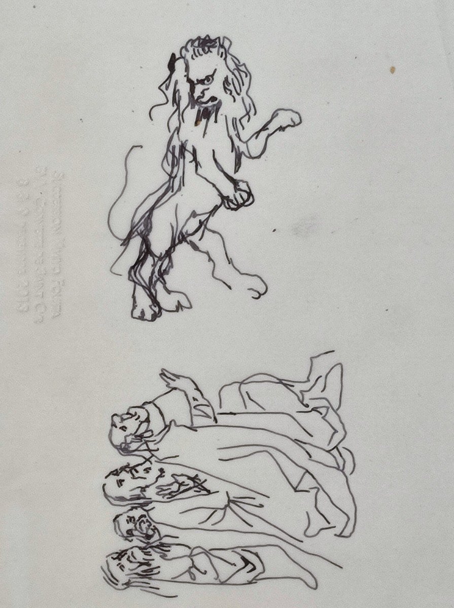   Foujita,  Lion à tête humaine et étude  d'apôtres.  Dessin vers 1960. 