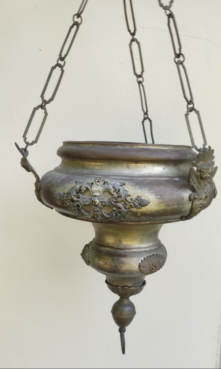 Lampe d'église en cuivre et bronze argenté. 18-19 ème siècle -photo-2