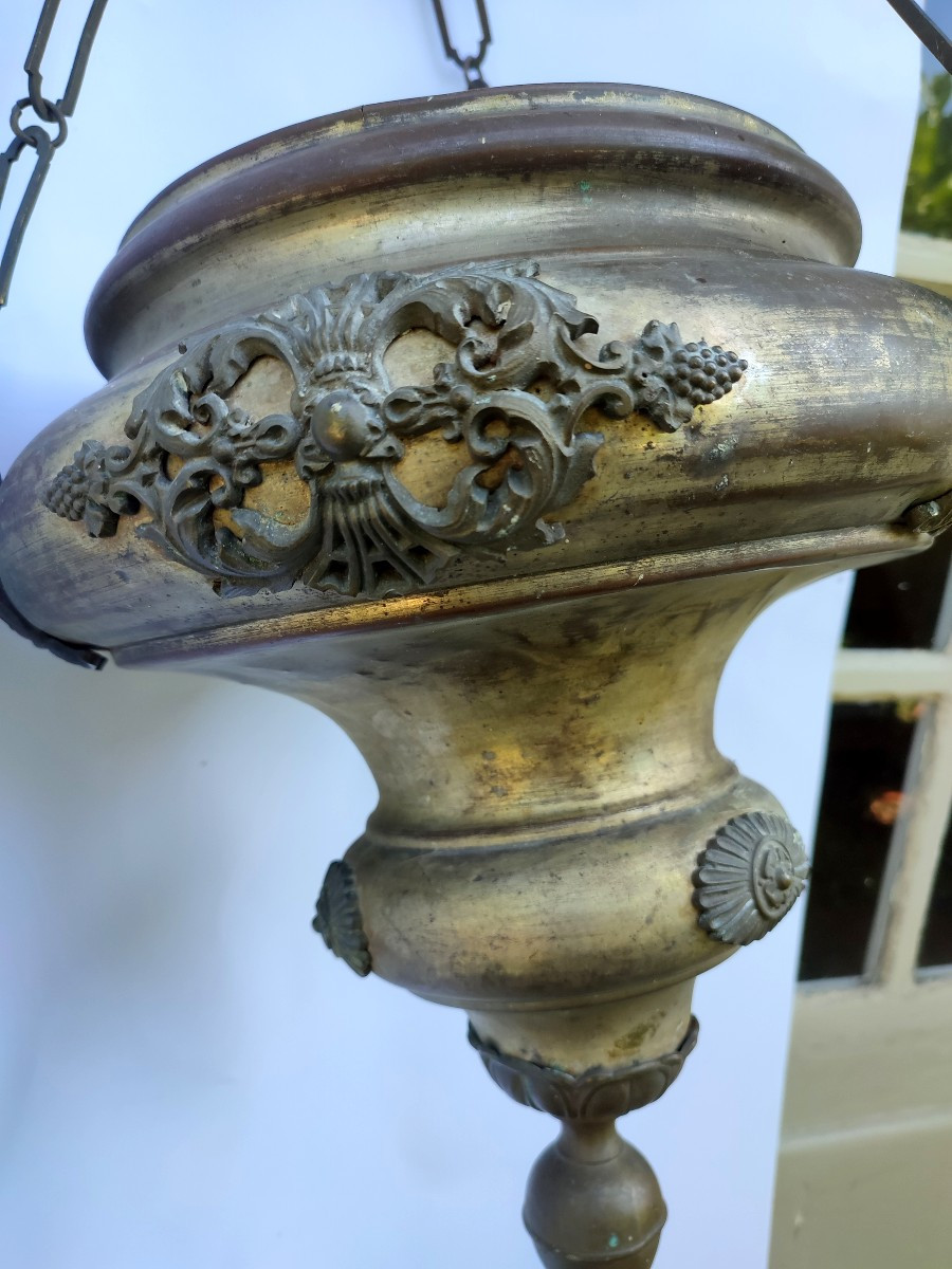 Lampe d'église en cuivre et bronze argenté. 18-19 ème siècle -photo-1