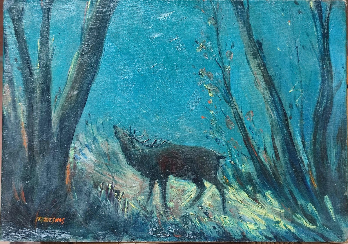 Ferdinand Desnos. Le cerf bramant. Huile sur carton. Vers 1941