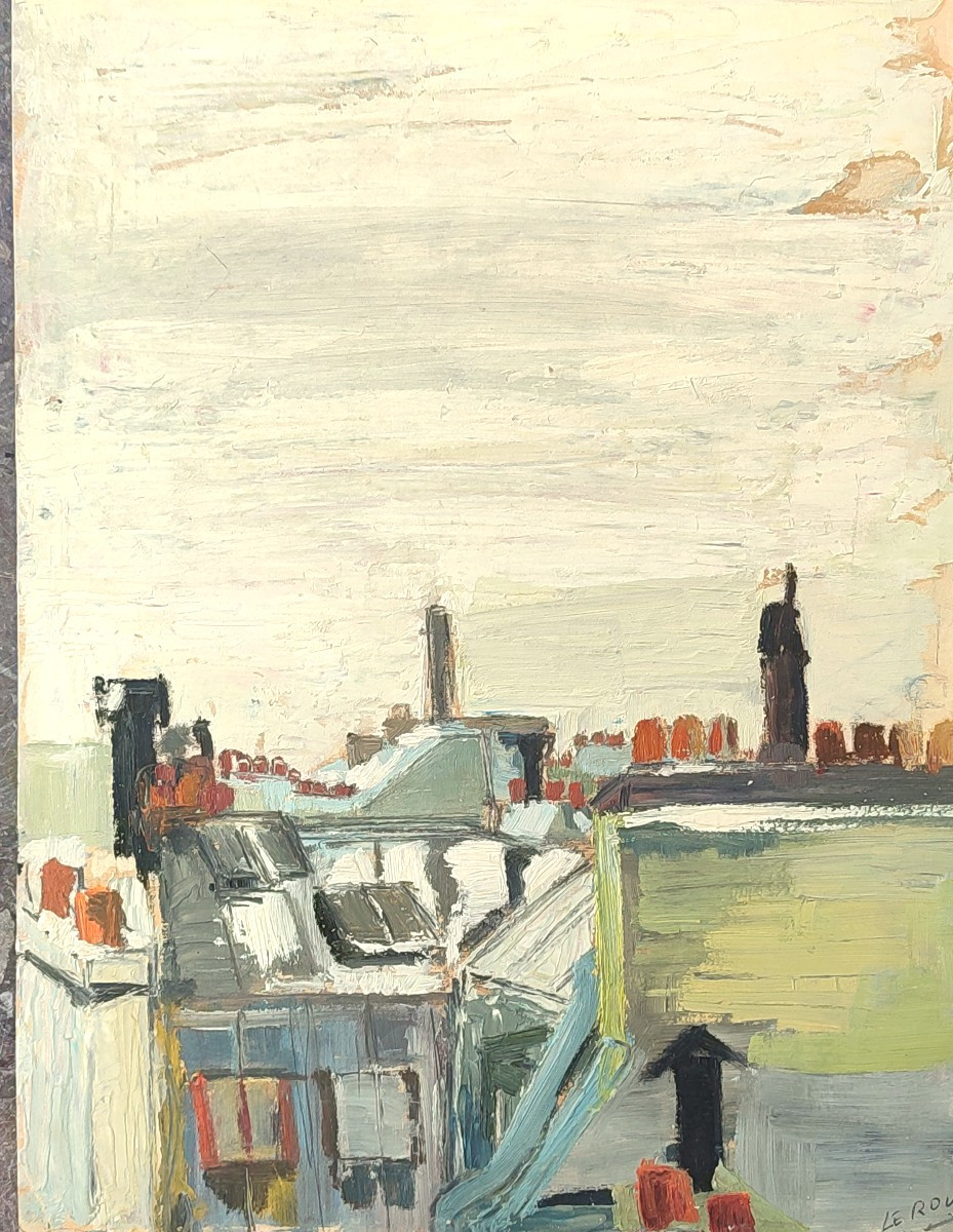 Les toits. Marlise le Roux.  Huile sur papier 1960