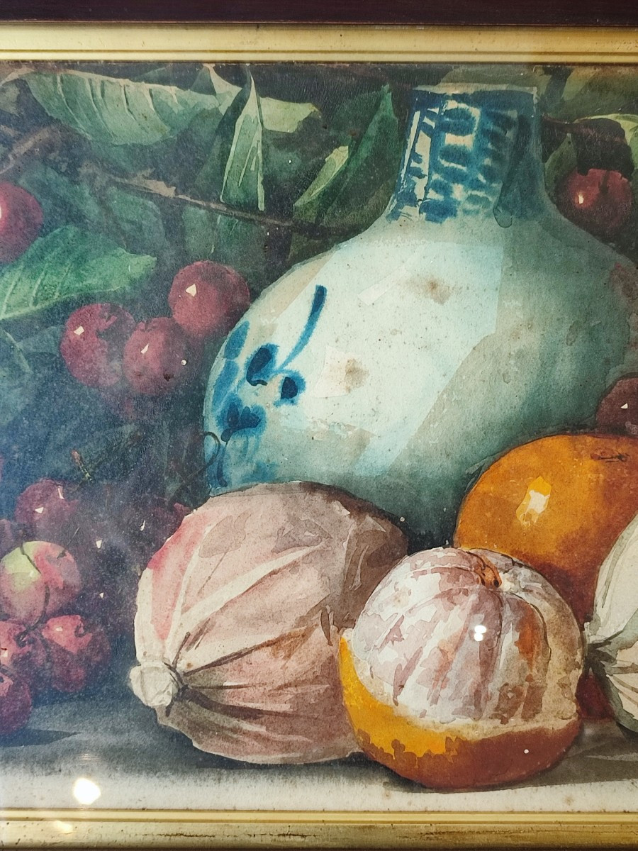 Oranges And Fruit. Composition. Watercolor Dated -photo-4