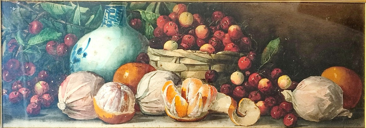 Oranges And Fruit. Composition. Watercolor Dated 