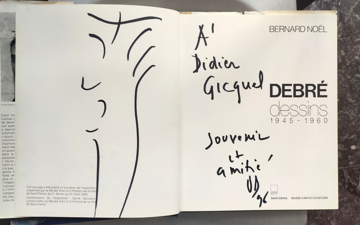 Olivier Debré. Signe personnage dédicacé sur un catalogue au photographe Didier Gicquel. 1996-photo-3