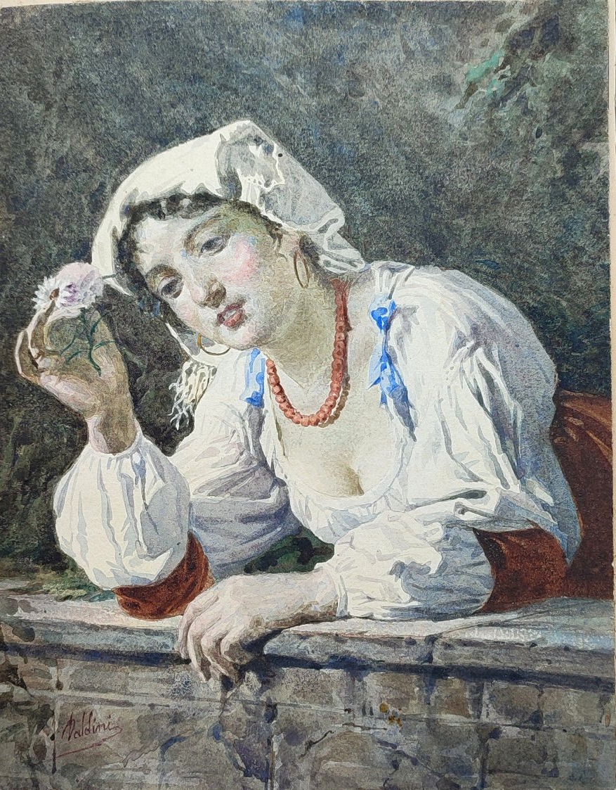 An Italian Woman On Her Balcony. Watercolor, Circa 1860