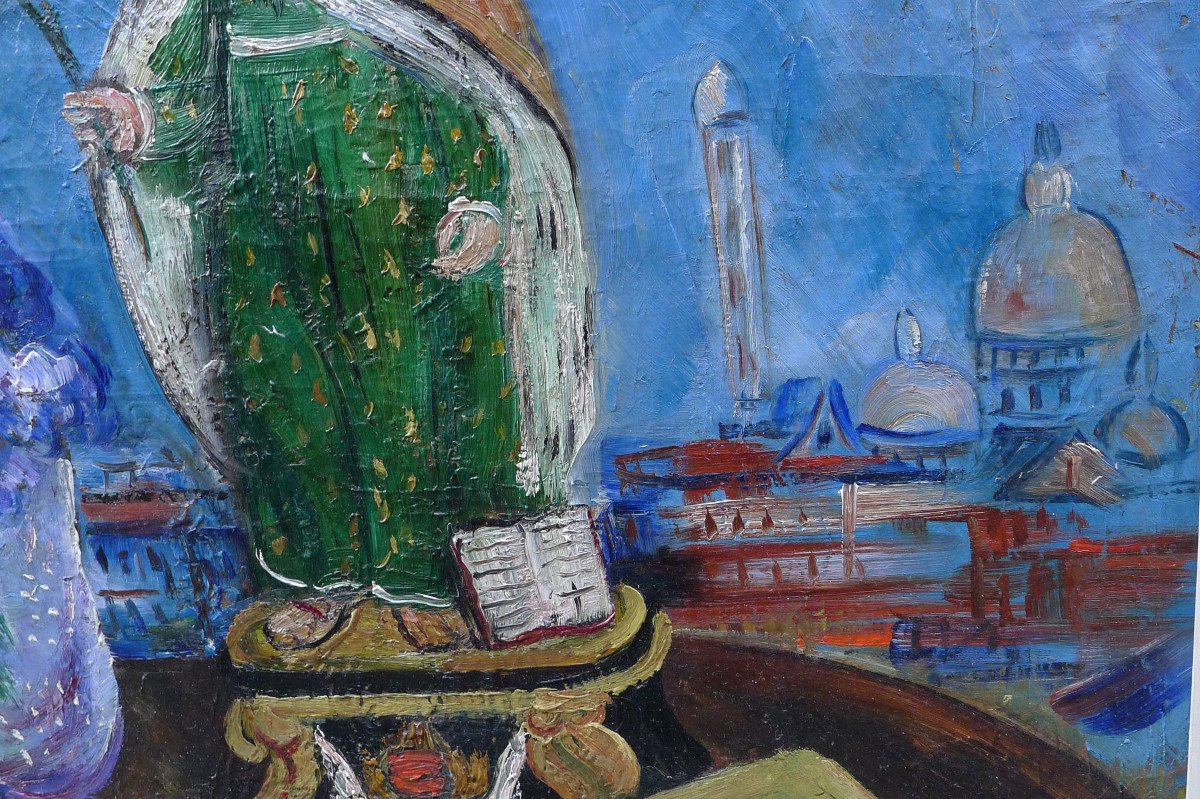  Irene Reno, Table de chevet fleurie, à la Vierge devant le Sacré Choeur de Paris, huile sur toile années 20.-photo-3