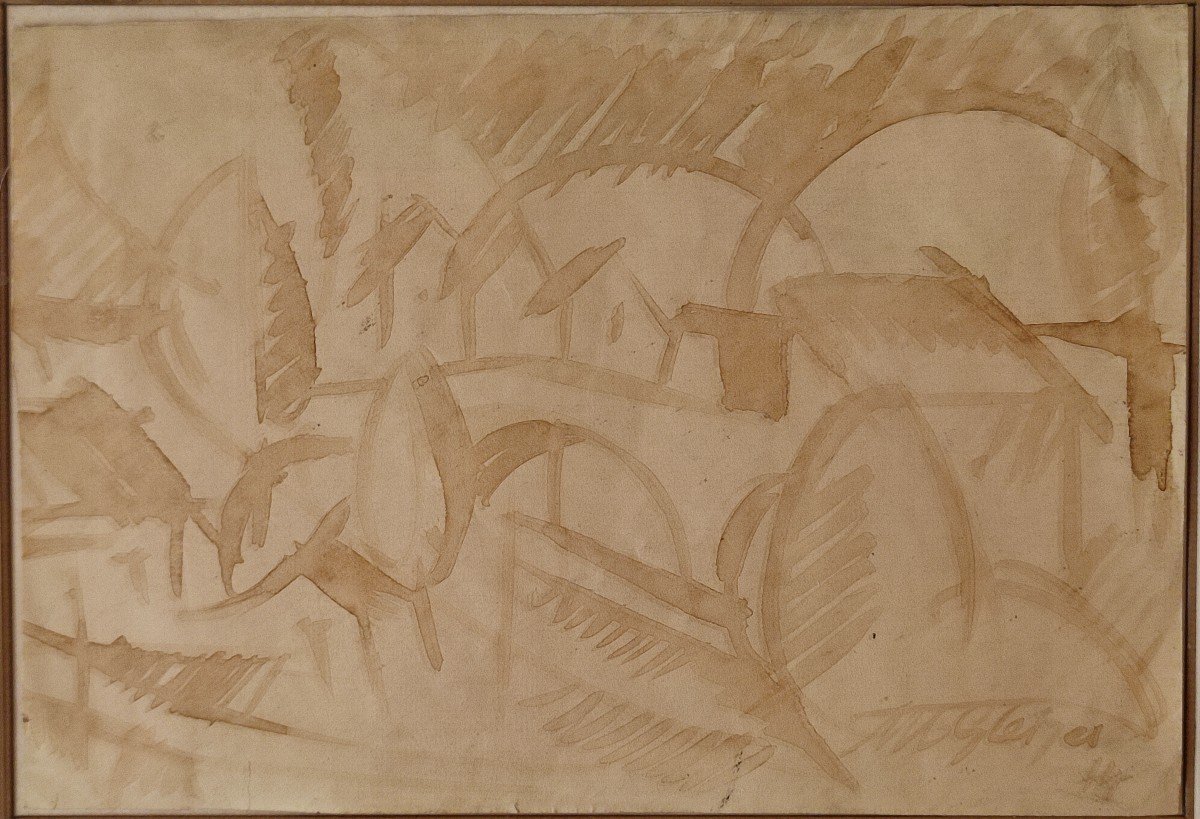 Abert Gleizes, Cubist Landscape, Sepia Ink Wash. 1914