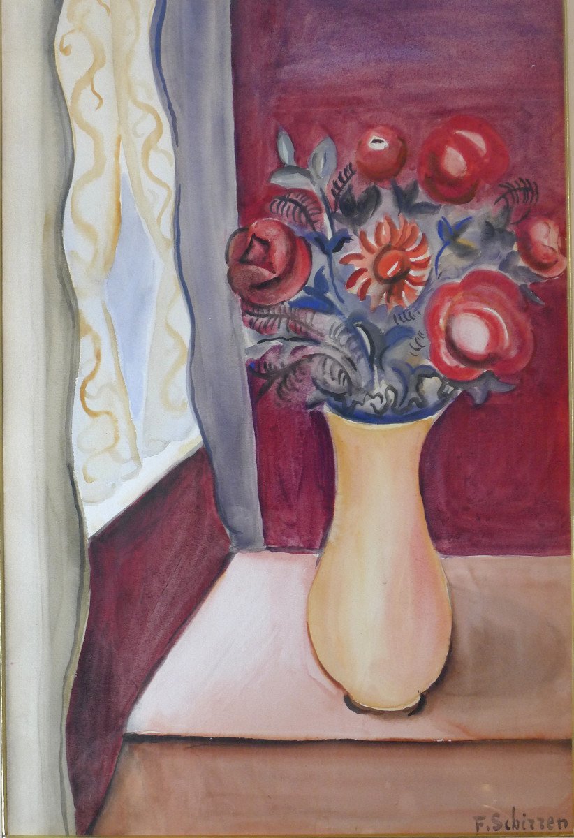 Ferdinand Shirren,  Le Bouquet , Aquarelle Signée.-photo-2