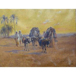 Alexis Auguste Delahogue. Bedouins In An Oasis. Oil On Paper
