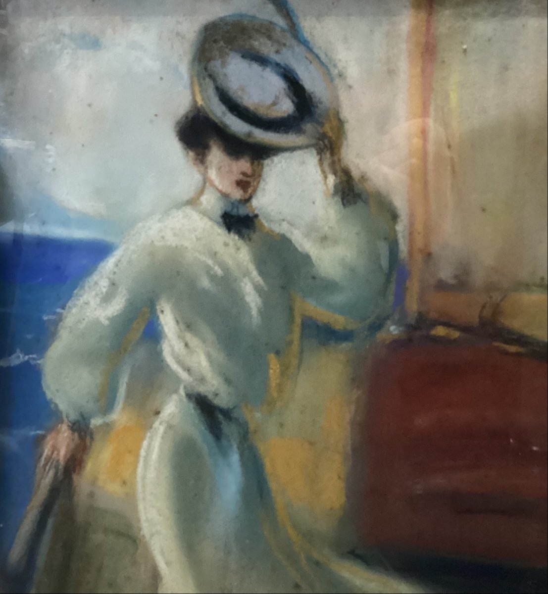 Pastel “élégante retirant son chapeau”, signé Louis FORTUNEY - portrait femme voilier -photo-2