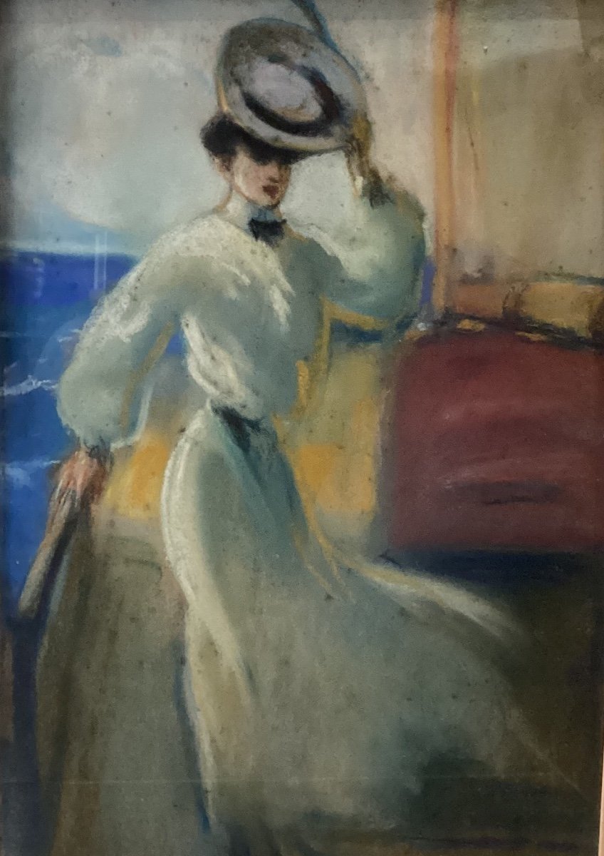 Pastel “élégante retirant son chapeau”, signé Louis FORTUNEY - portrait femme voilier -photo-3