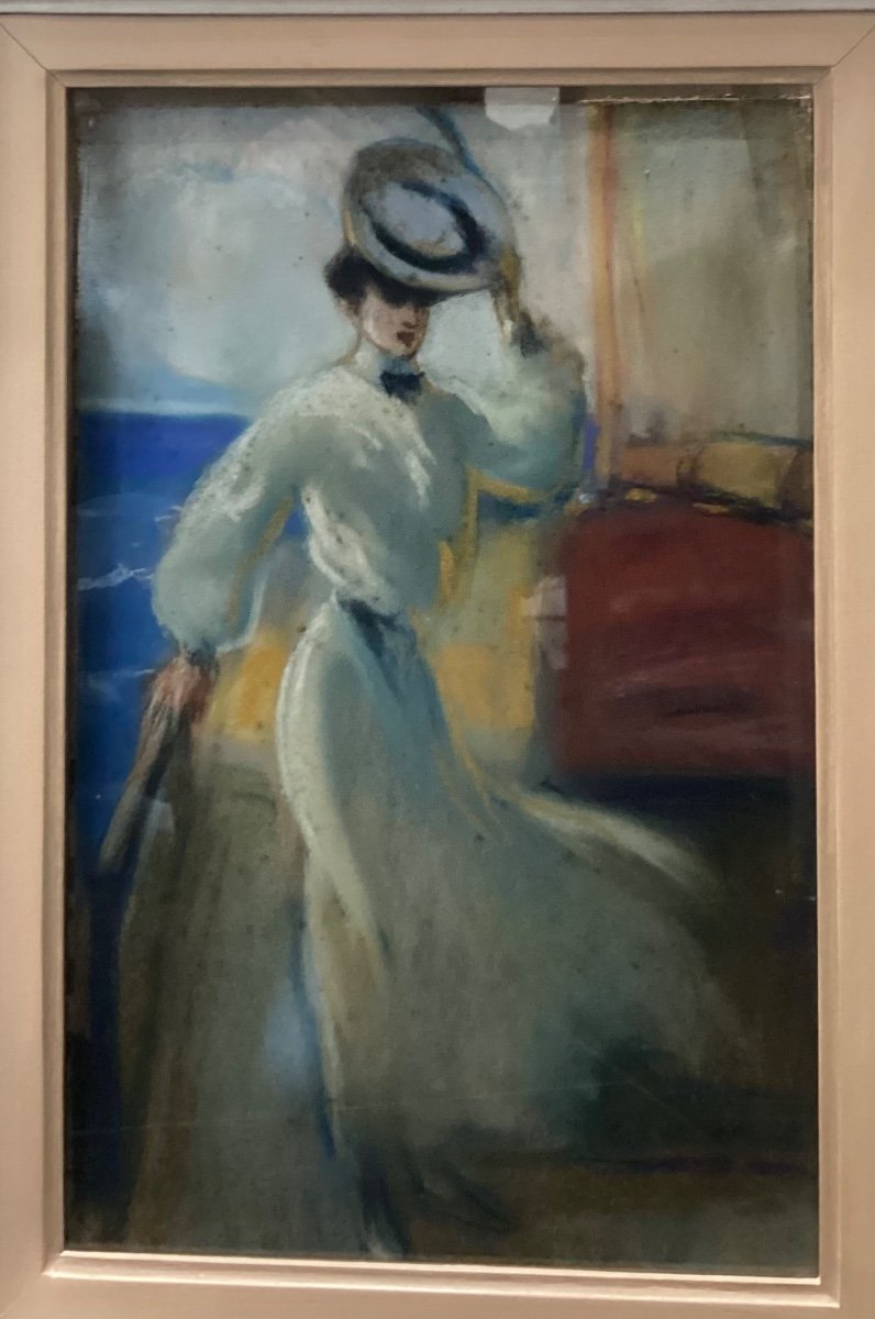 Pastel “élégante retirant son chapeau”, signé Louis FORTUNEY - portrait femme voilier -photo-4