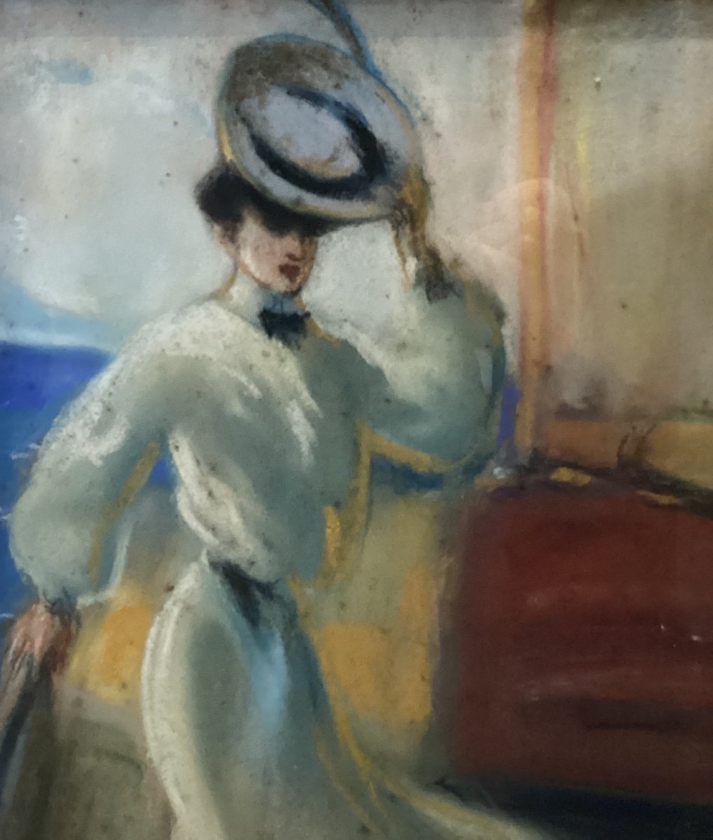 Pastel “élégante retirant son chapeau”, signé Louis FORTUNEY - portrait femme voilier -photo-2