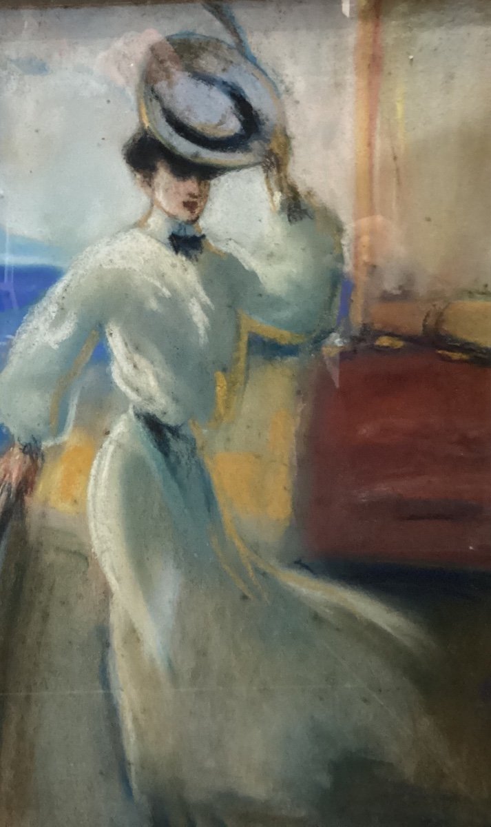 Pastel “élégante retirant son chapeau”, signé Louis FORTUNEY - portrait femme voilier -photo-5