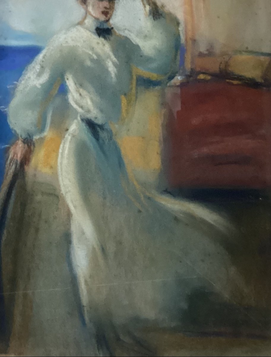 Pastel “élégante retirant son chapeau”, signé Louis FORTUNEY - portrait femme voilier -photo-6
