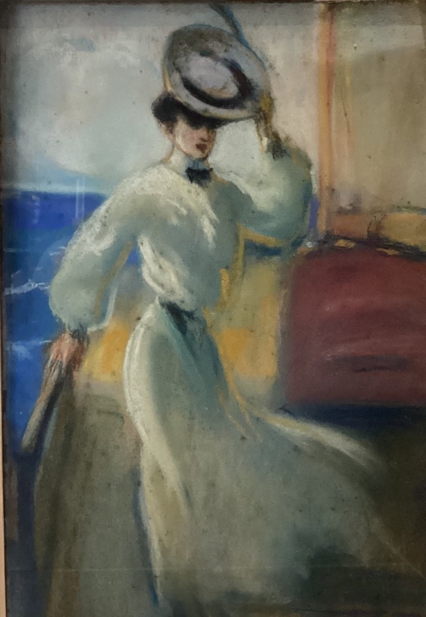 Pastel “élégante retirant son chapeau”, signé Louis FORTUNEY - portrait femme voilier -photo-7