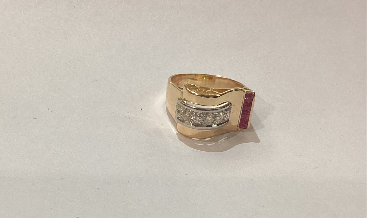 Bague tank en or jaune, diamants et rubis - bijou vintage vers 1950-photo-2