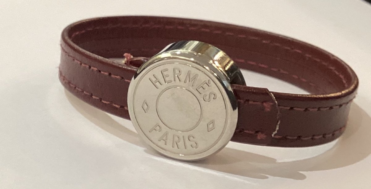 Hermès - Bracelet In Silver Metal And Burgundy Leather-photo-3