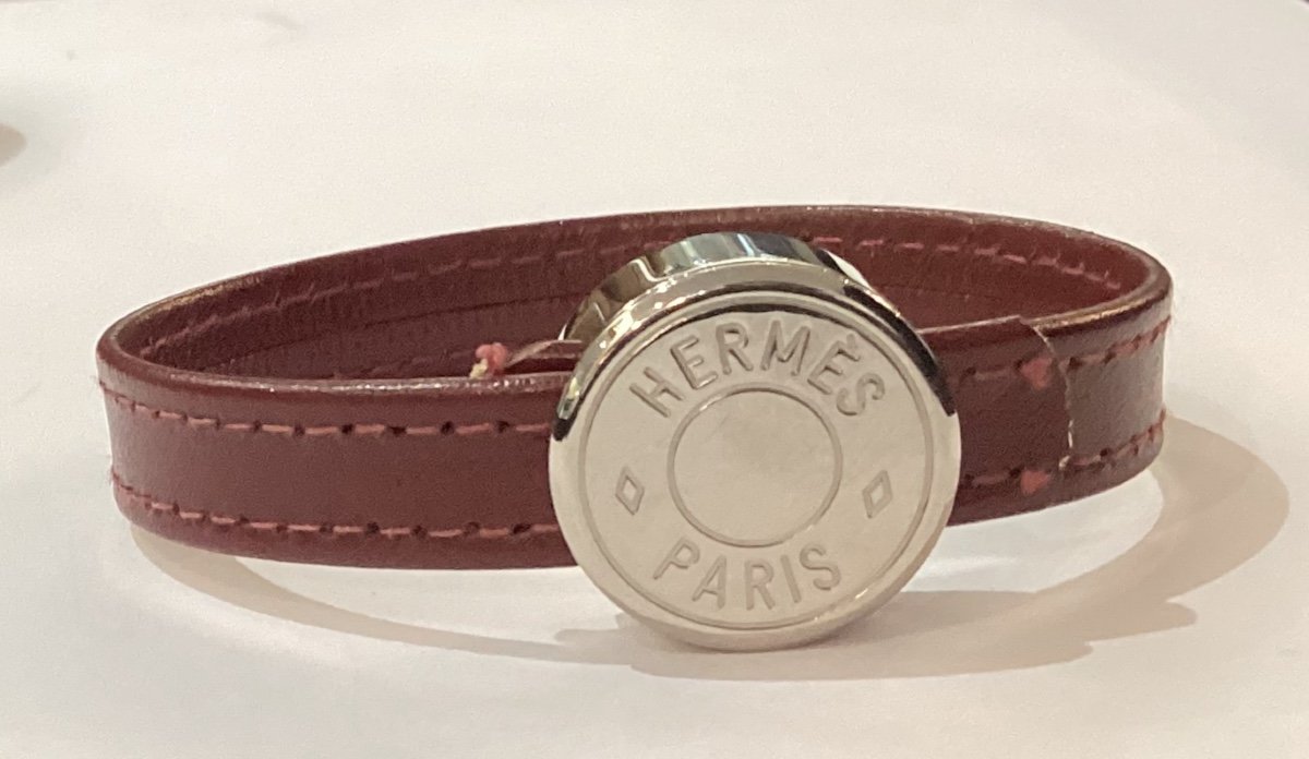 Hermès - Bracelet In Silver Metal And Burgundy Leather-photo-4