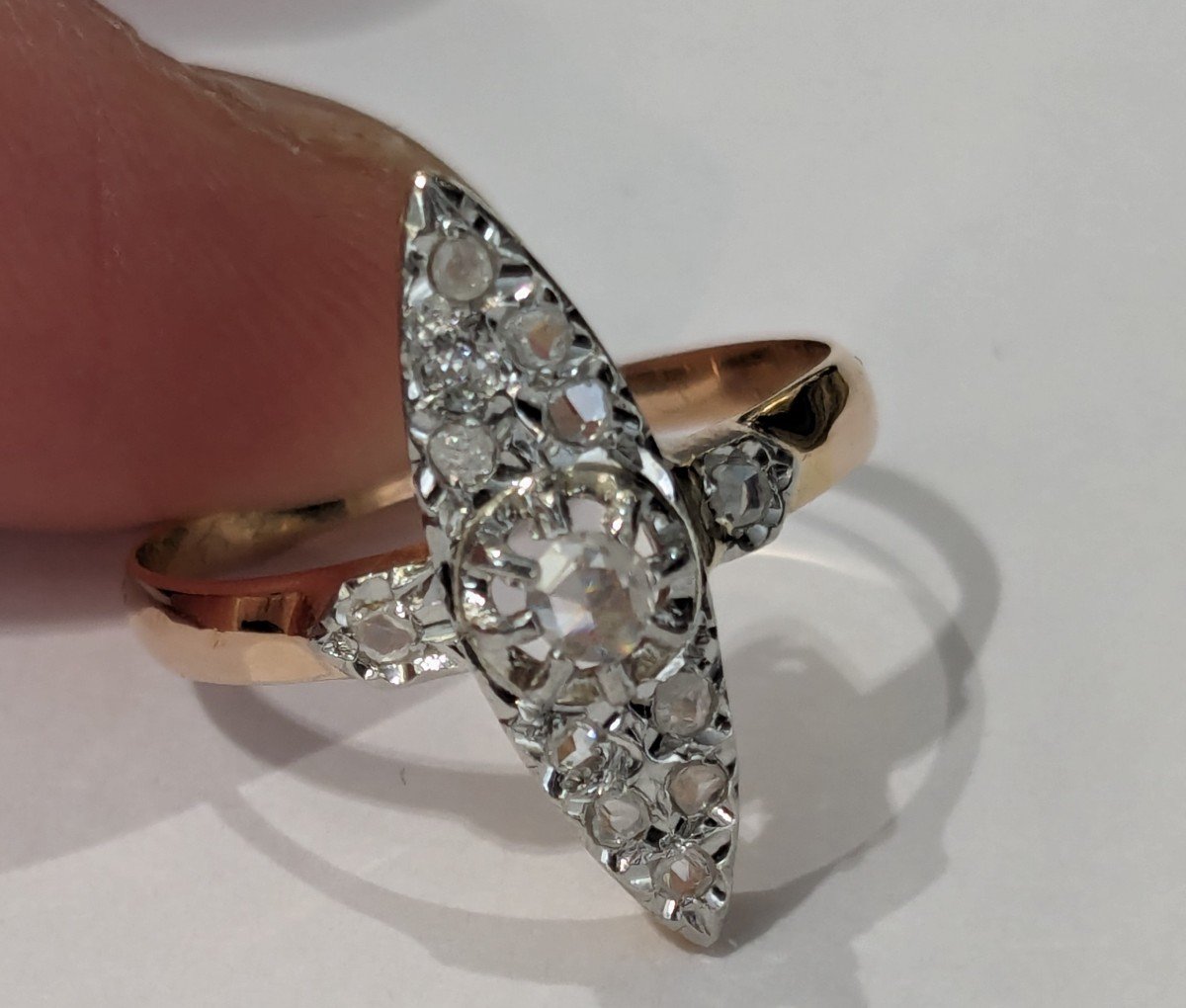 Petite bague marquise en or, platine et diamants, époque 1900-photo-3