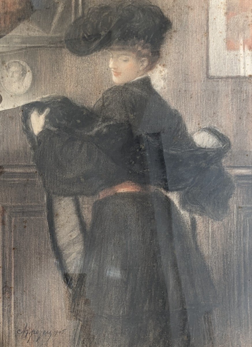 Charles Pezeu "elegant With Hat And Stole" Pastel -photo-3