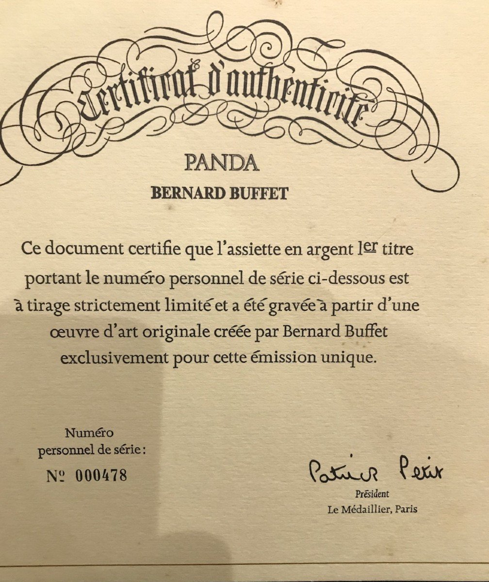 Assiette en argent “Panda” signée Bernard BUFFET - avec certificat, numérotée, tirage limitée -photo-2
