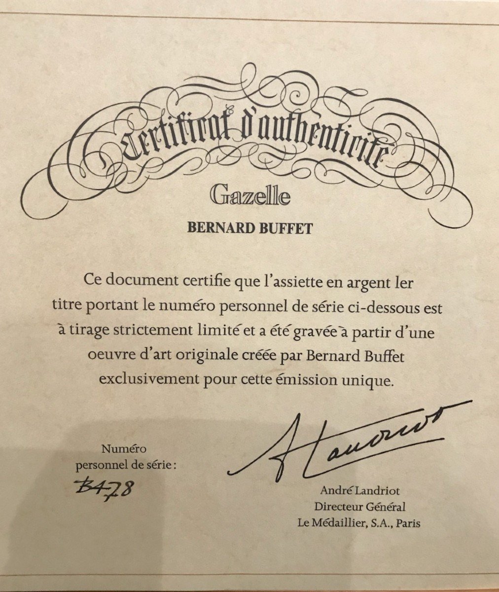 “gazelle” Silver Plate Signed Bernard Buffet - With Certificate, Numbered, Limited Edition-photo-2