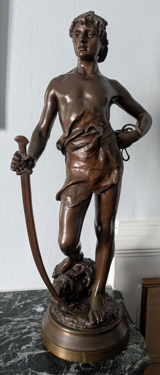 Bronze David And Goliath Signed Eugène Marioton