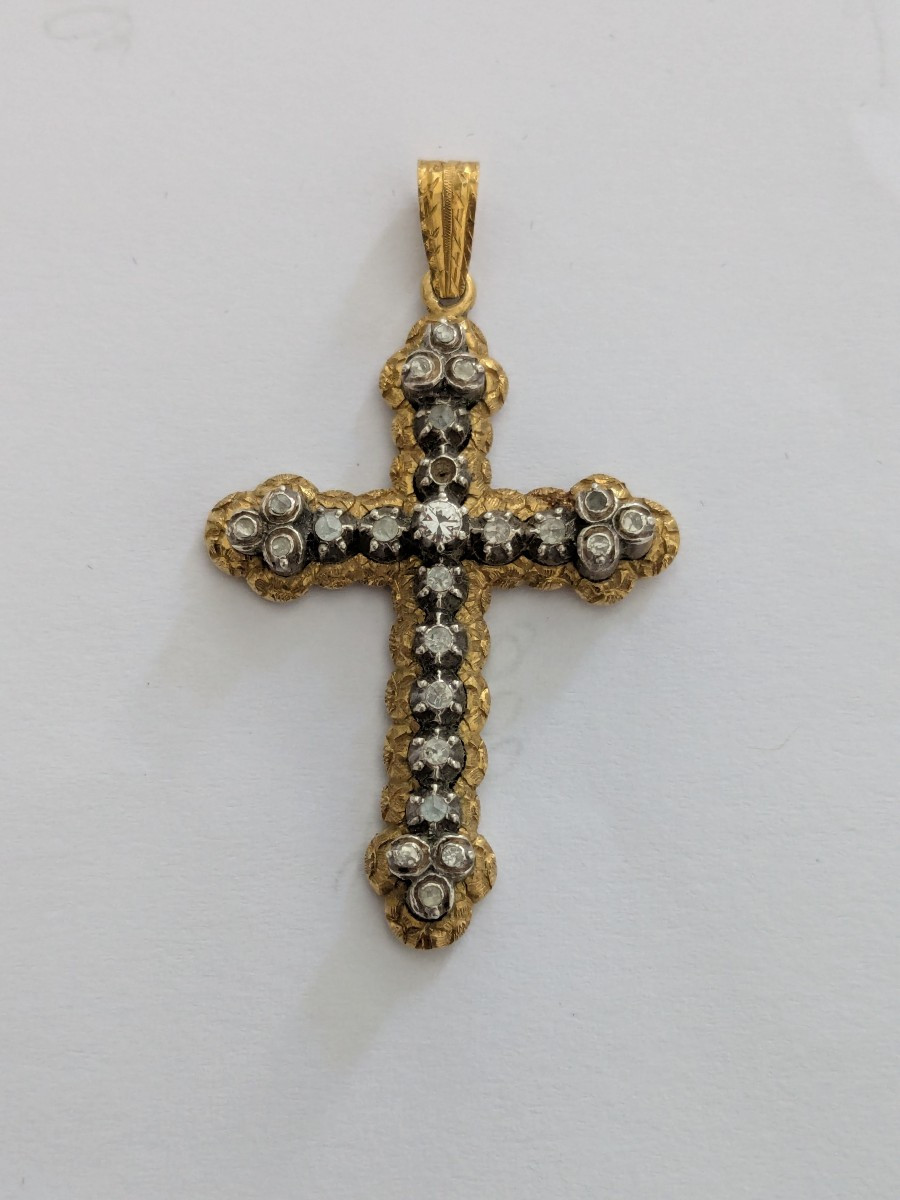 Cross In Yellow Gold, Silver And Small Diamonds, 19th Century