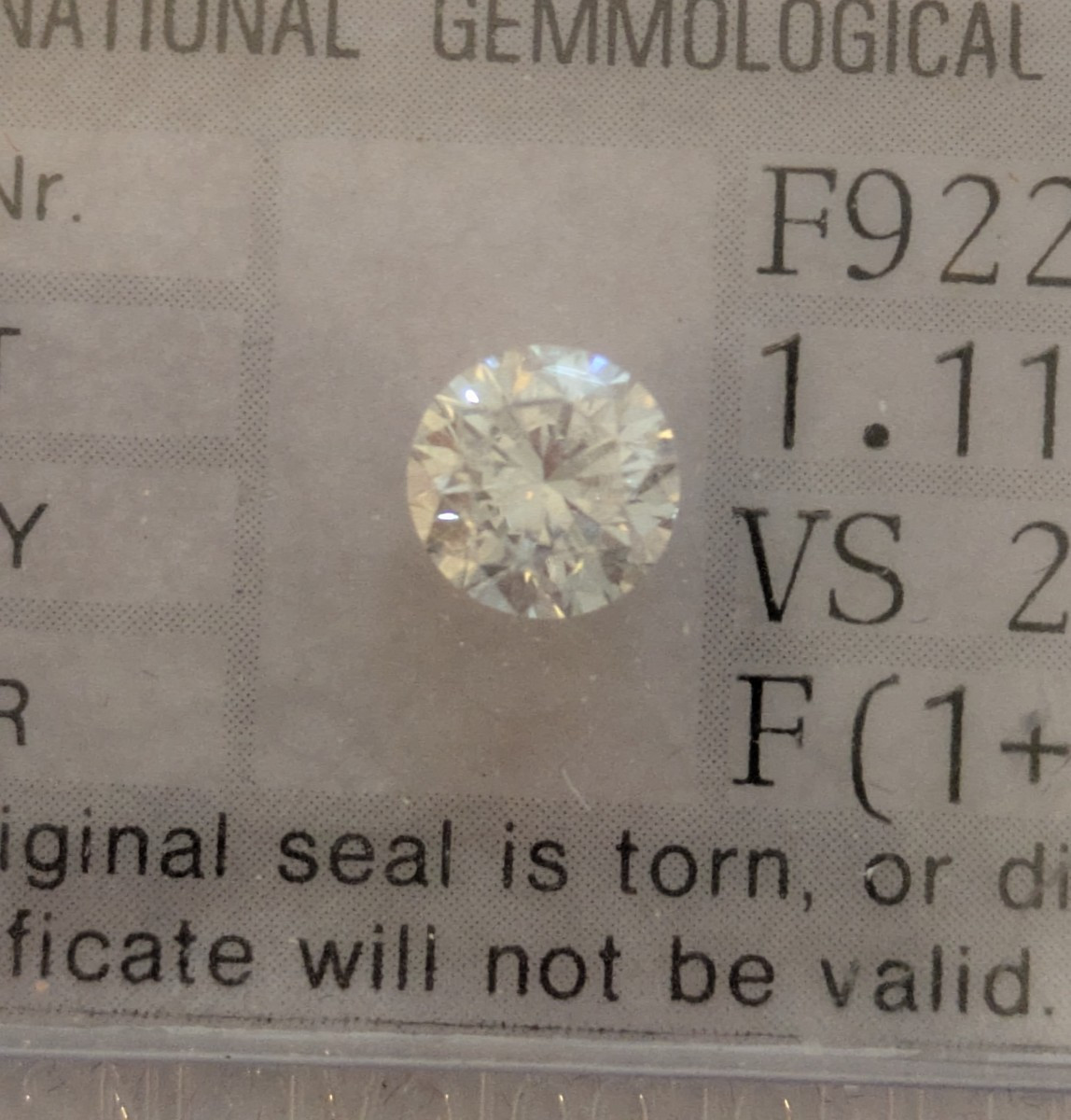 Diamant sous scellé 1,11 ct - F - VS2-photo-2