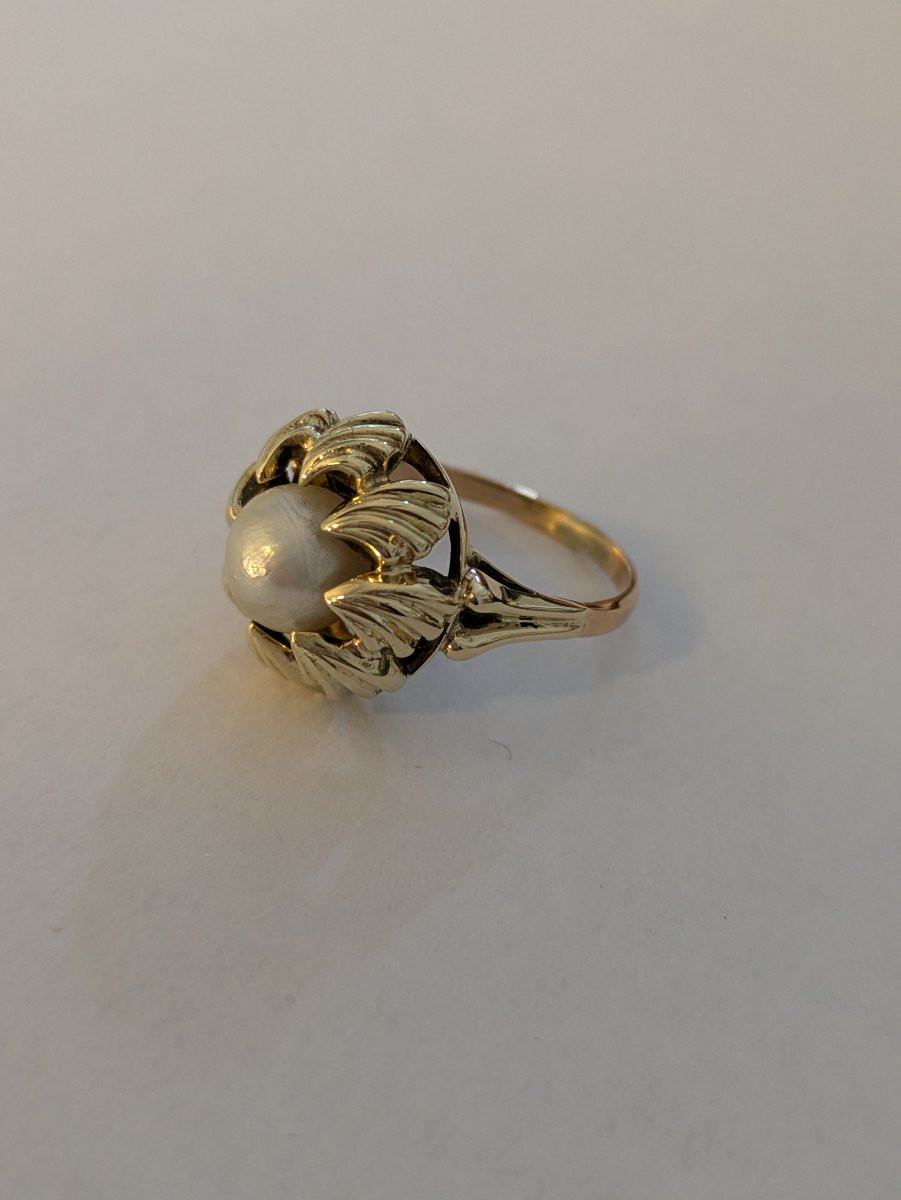 Bague forme fleur en or jaune et perle bouton de culture -photo-6
