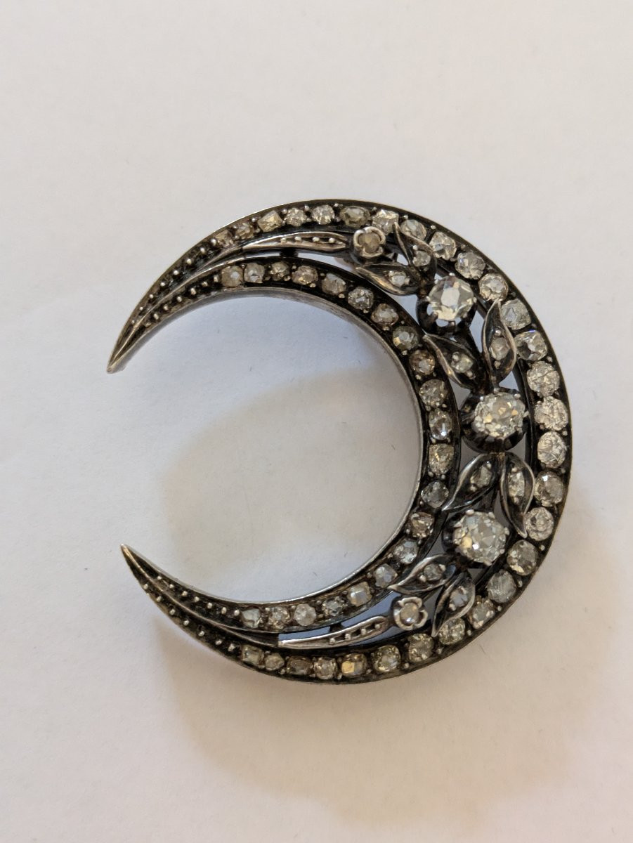 Broche croissant en or, argent et diamants -photo-1
