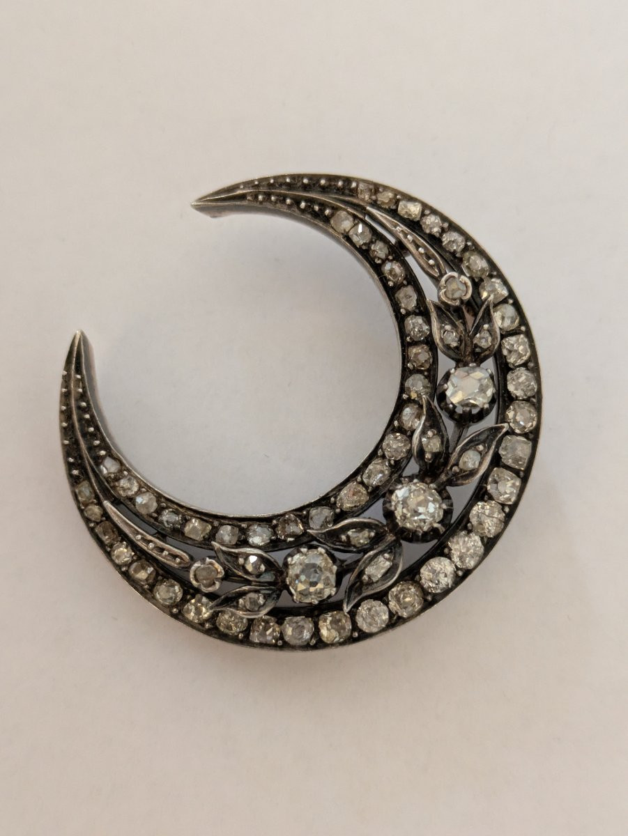 Broche croissant en or, argent et diamants -photo-2
