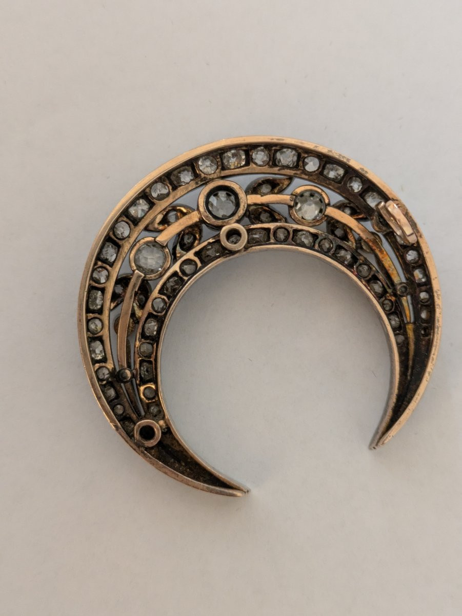 Broche croissant en or, argent et diamants -photo-3