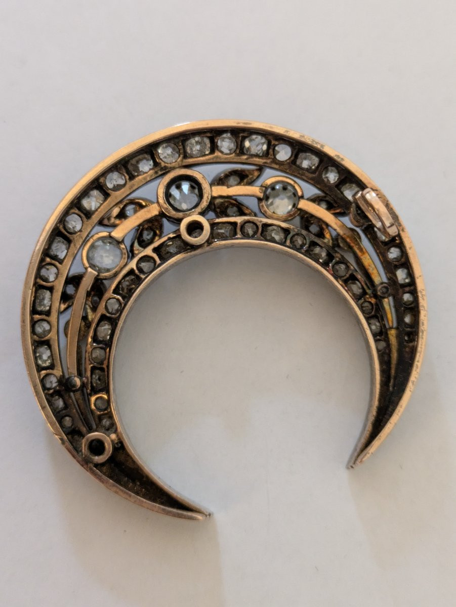 Broche croissant en or, argent et diamants -photo-4