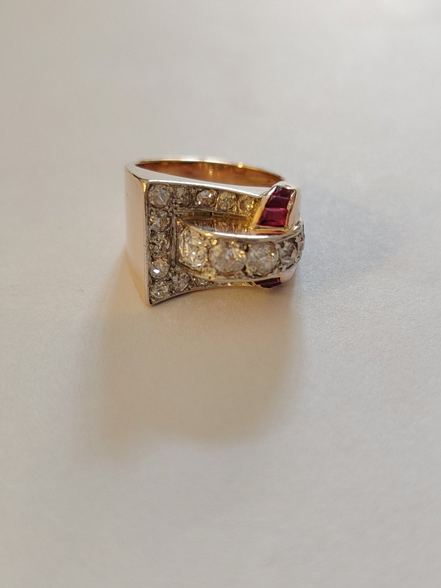 Yellow Gold, Platinum, Diamonds And Ruby Tank Ring-photo-2