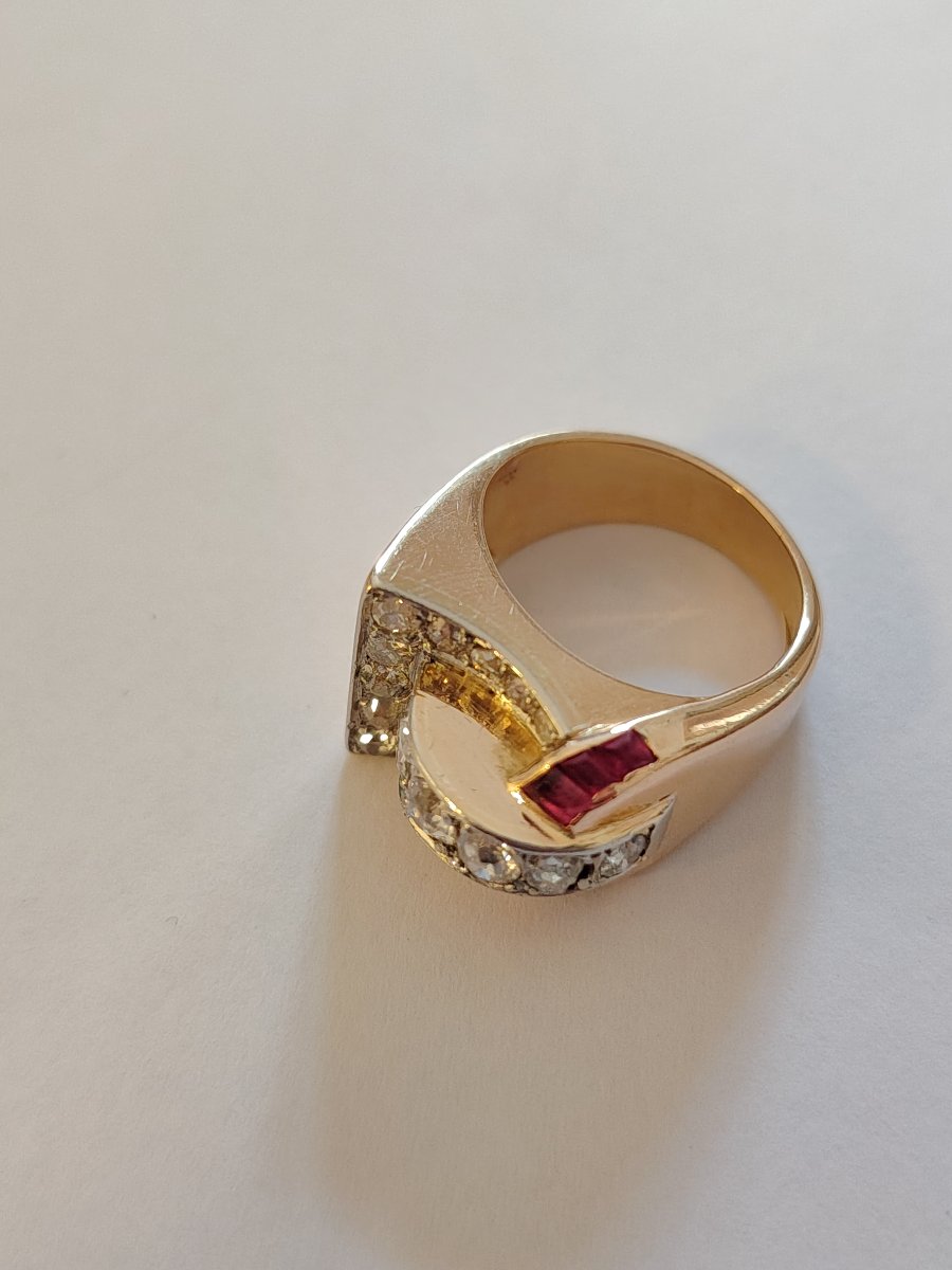 Yellow Gold, Platinum, Diamonds And Ruby Tank Ring-photo-3