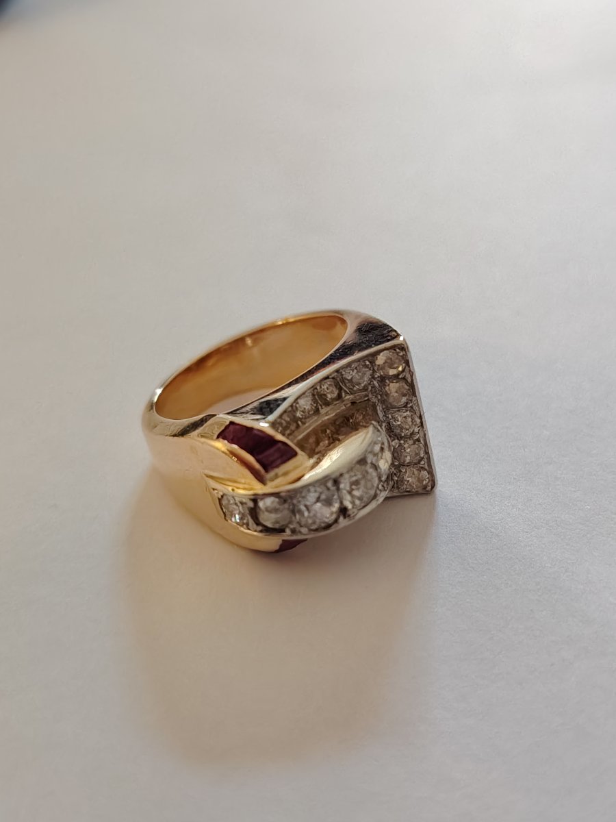 Yellow Gold, Platinum, Diamonds And Ruby Tank Ring-photo-5