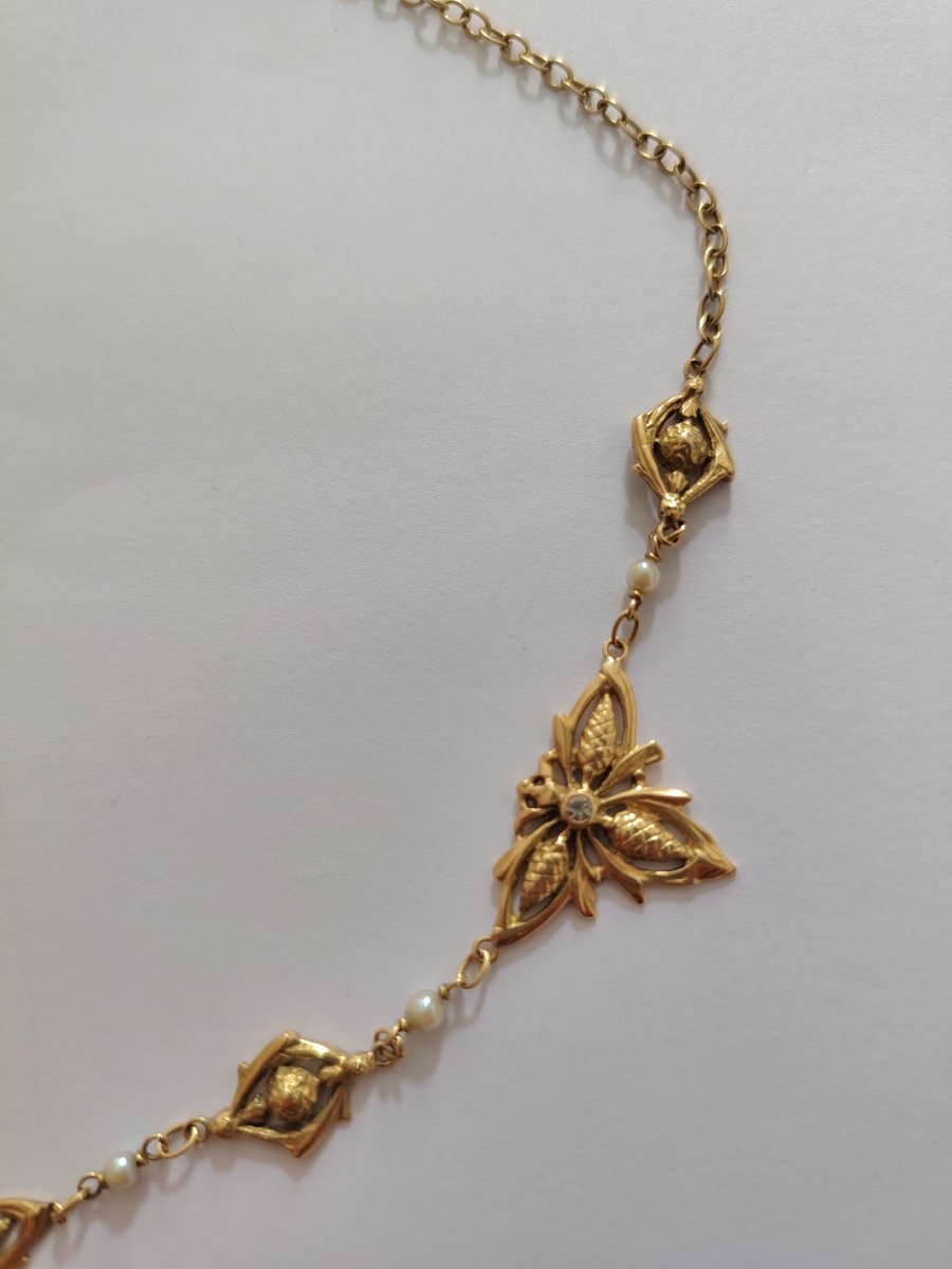 Collier draperie or jaune, maillons en pommes de pin et perles fines - époque 1900-photo-4