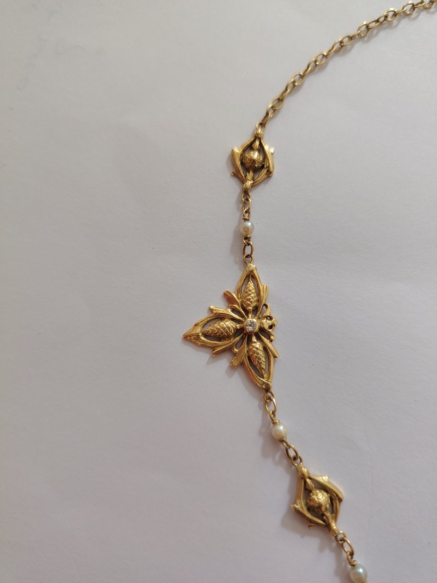 Collier draperie or jaune, maillons en pommes de pin et perles fines - époque 1900-photo-2