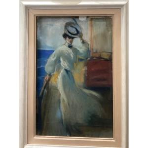 Pastel “élégante retirant son chapeau”, signé Louis FORTUNEY - portrait femme voilier 