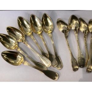 11 Silver-gilt Teaspoons - 1er Coq Hallmark - Net Model